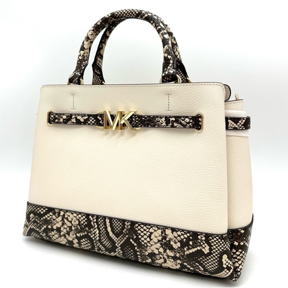 Michael Kors Large Reed Leather Belted Satchel Crossbody Bag Cream Snakeskin - Picture 2 of 12